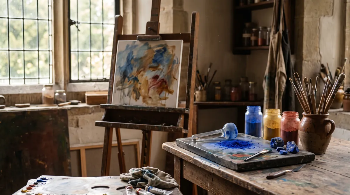 Ein historisches Maleratelier mit einer Reibplatte für Pigmente, Gläsern voller Pigment und Lapislazuli