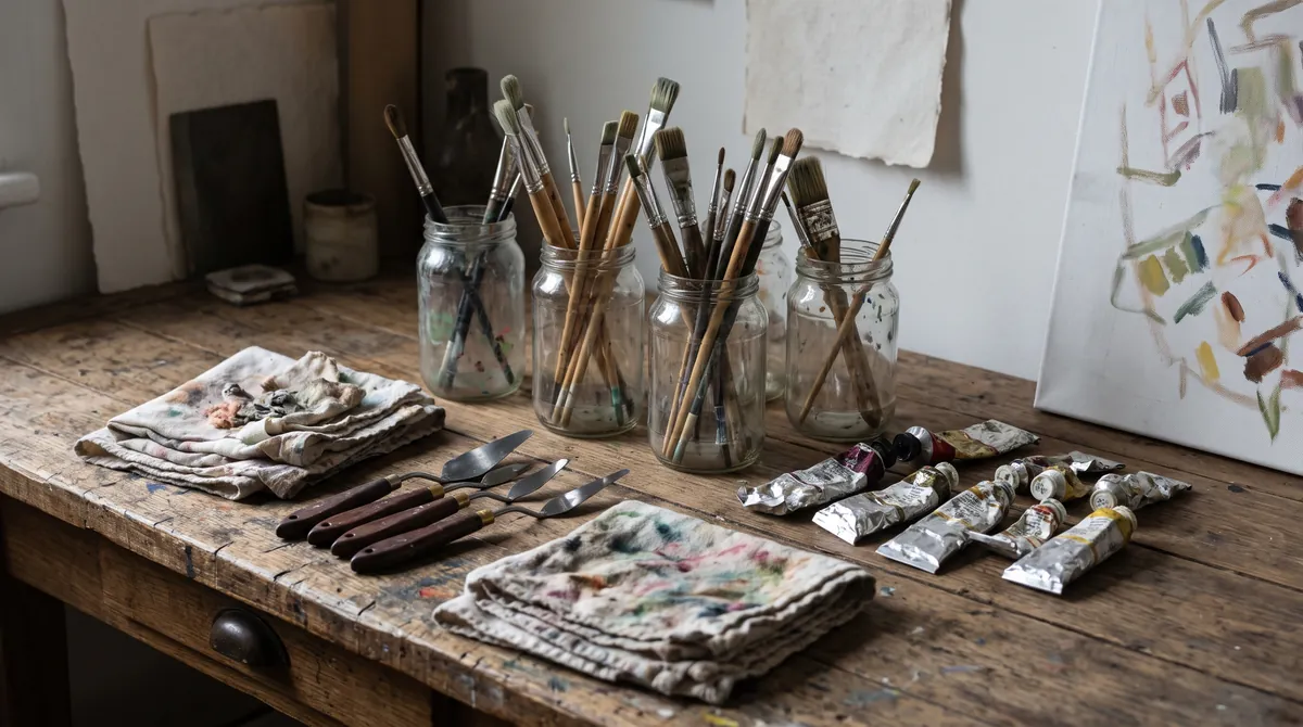 Eine Werkbank im Atelier mit Pinseln in Gläsern, Palettenmessern, Lappen und Farbtuben