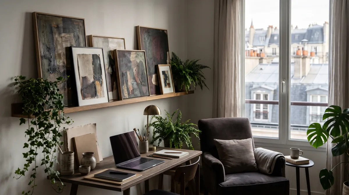 Gerahmte Kunst lehnt auf einer Bilderleiste über einem Schreibtisch in einer kleinen Pariser Wohnung