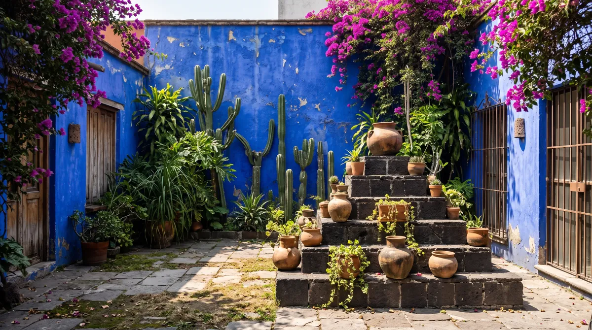 Eine kobaltblaue Hofmauer in Mexiko-Stadt mit Kakteen, Bougainvillea und Tontöpfen
