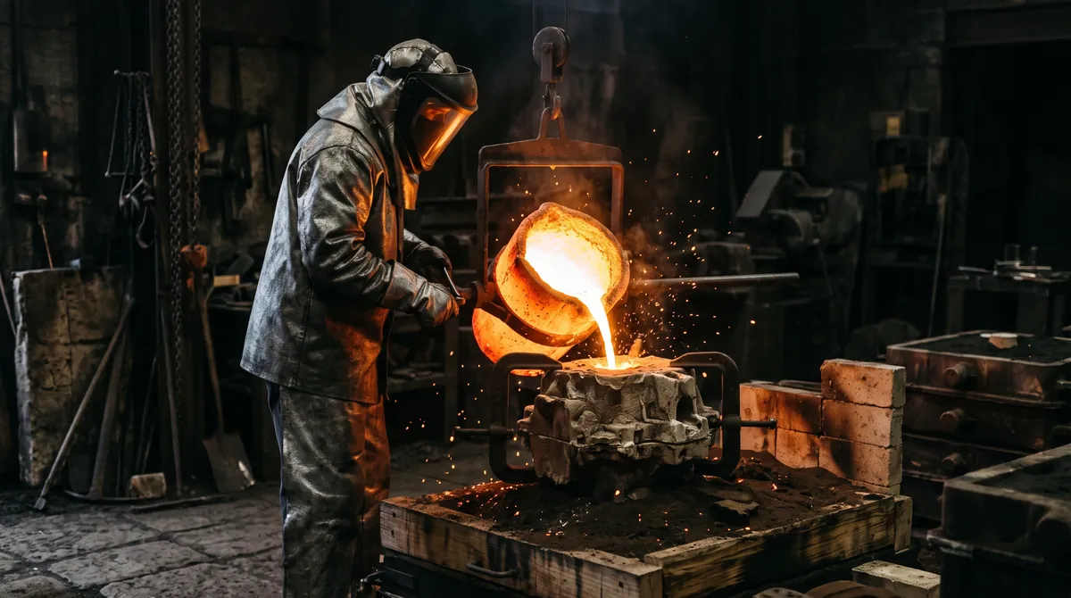 Flüssige Bronze wird in einer Gießerei aus einem glühenden Tiegel in eine Form gegossen
