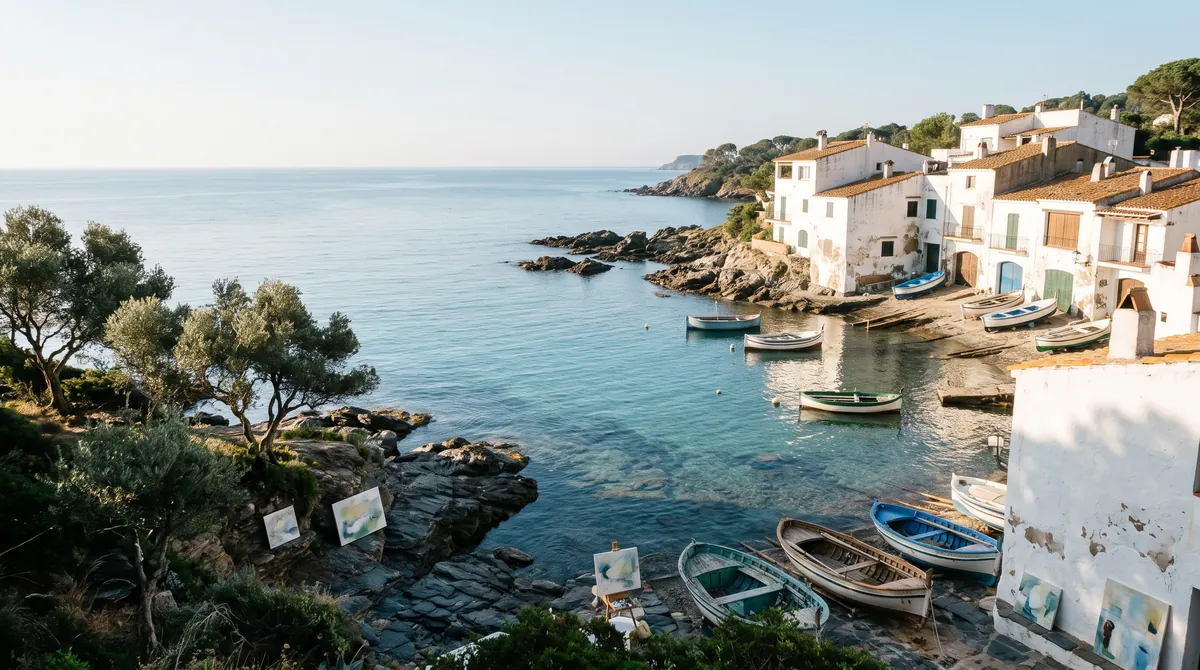 Eine kleine Bucht mit weißen Fischerhäusern und Holzbooten an der Costa Brava im Morgenlicht