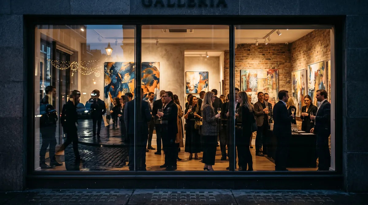 Blick durch ein großes Schaufenster auf eine Galerieeröffnung in der Dämmerung, Besucher vor großen Gemälden