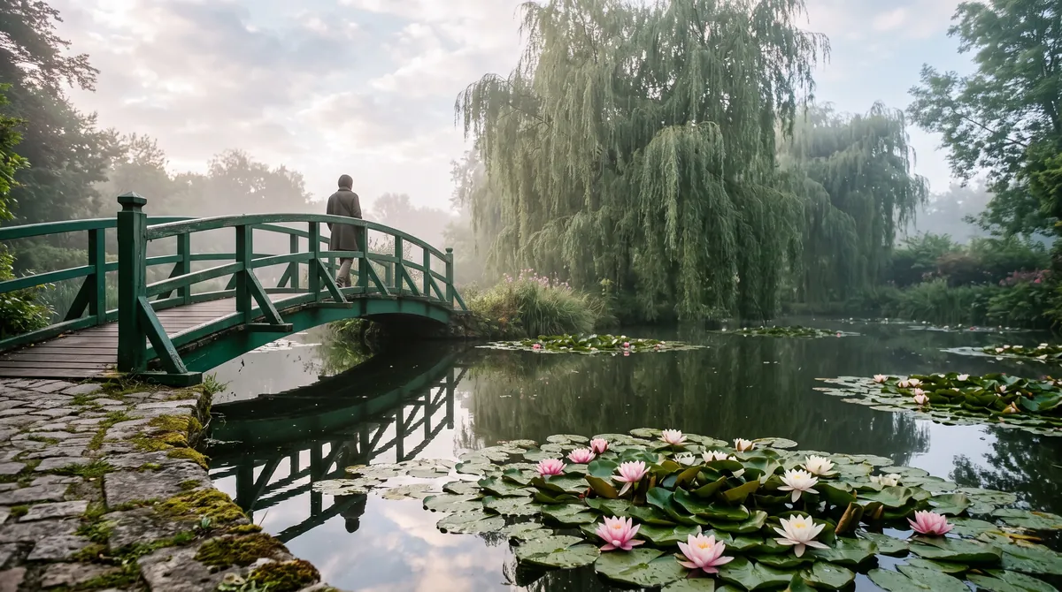 Ein Seerosenteich mit einer grünen japanischen Brücke und Trauerweiden im Morgendunst