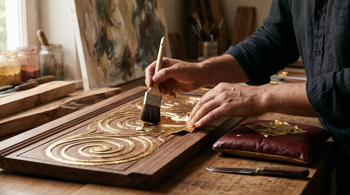 Hände legen dünnes Blattgold auf eine Holztafel mit ornamentalem Spiralmuster