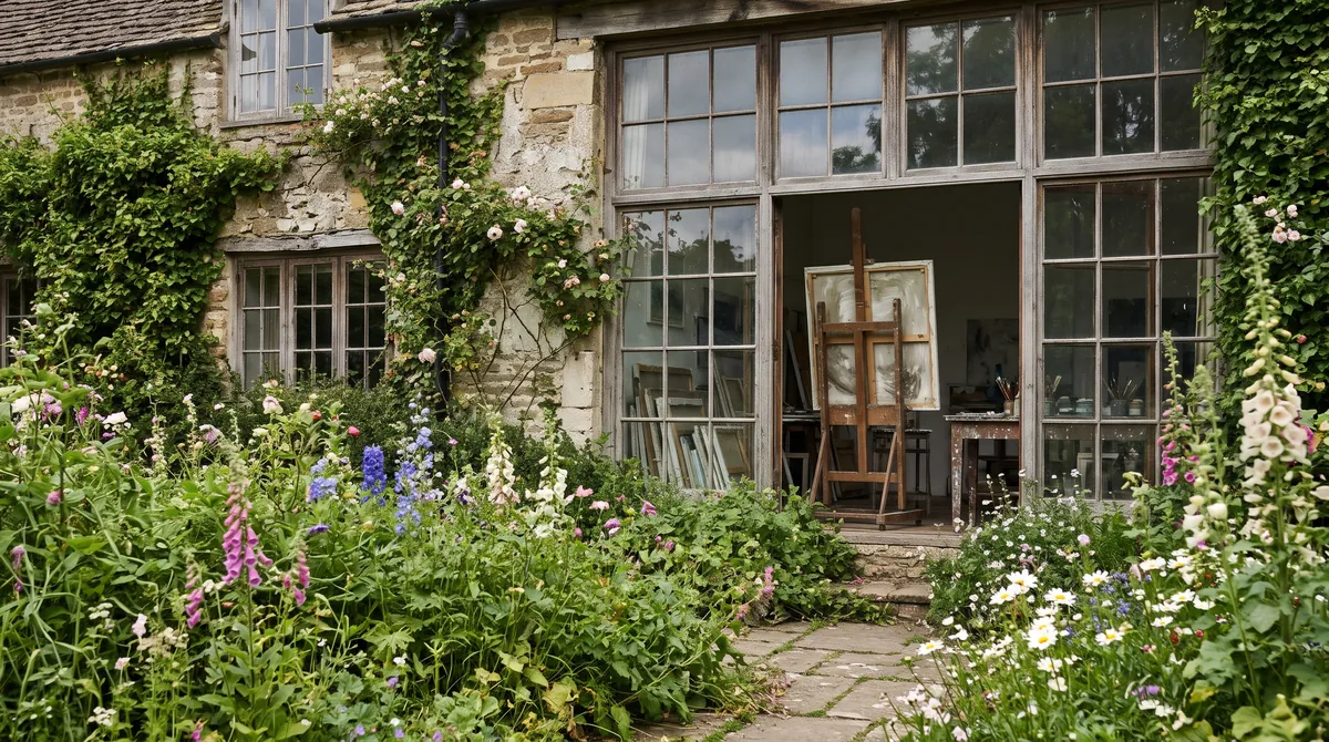 Ein historisches Künstlerhaus mit großem Atelierfenster hinter einem blühenden Garten