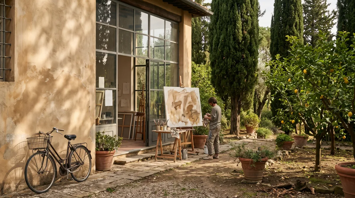 Ein Atelierpavillon im Garten einer historischen Villa mit Zypressen und Zitronenbäumen
