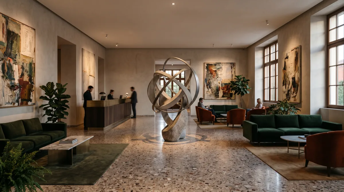 Die Lobby eines Boutiquehotels mit einer großen Skulptur, kräftigen Gemälden und Sitzmöbeln aus Samt