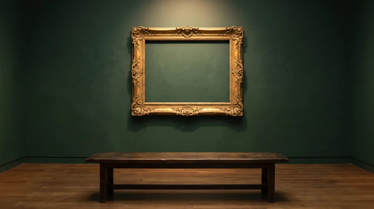 Ein leerer vergoldeter Rahmen an einer tiefgrünen Galeriewand über einer Museumsbank