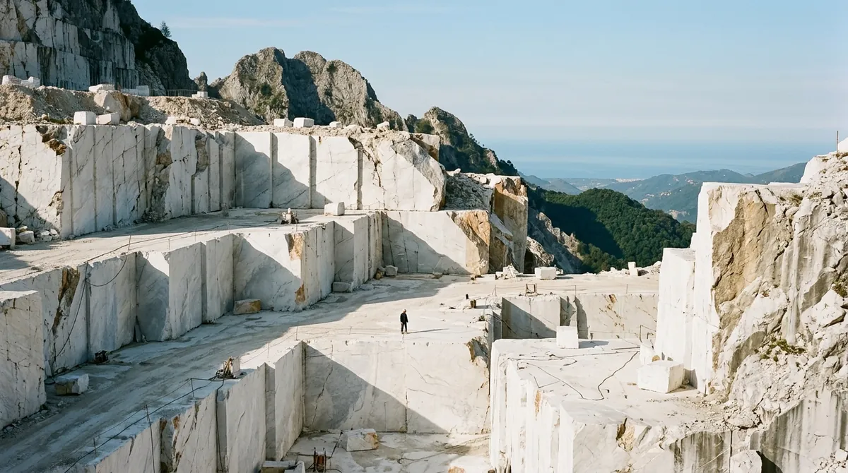 Ein weißer Marmorsteinbruch in den Apuanischen Alpen oberhalb von Carrara mit riesigen geschnittenen Blöcken
