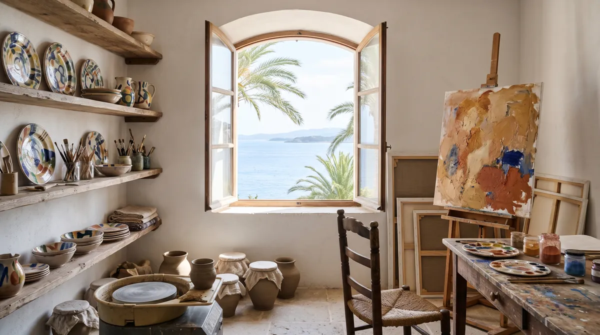 Ein sonniges mediterranes Atelier mit glasierter Keramik in den Regalen und einem Fenster zum Meer
