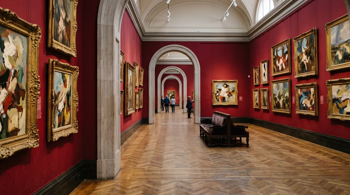 Eine lange Museumsgalerie mit dunkelroten Wänden und Gemälden im Stil alter Meister in vergoldeten Rahmen