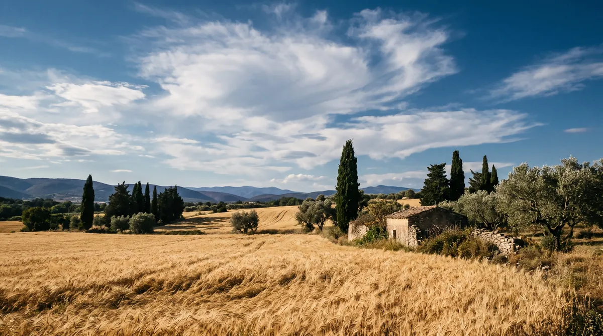 Ein Weizenfeld mit dunklen Zypressen unter blauem Himmel mit wirbelnden Wolken in der Provence