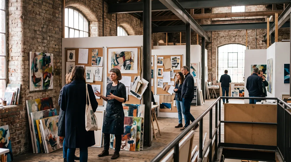 Besucher gehen beim Tag der offenen Ateliers durch die Künstlerateliers einer umgebauten Fabrik