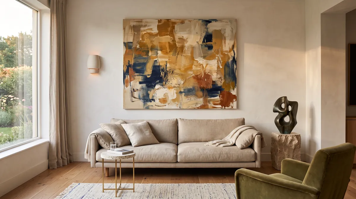 Ein edles Wohnzimmer mit einem großen abstrakten Gemälde über dem Sofa und einer Bronzeskulptur auf einem Sockel